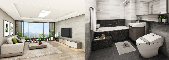 실내에서 화초를 키우거나 정원을 가꿀 수 있는 캐슬홈가든(왼쪽)과 더 넓고 쾌적해진 욕실 공간 드림배스룸<롯데건설 제공>